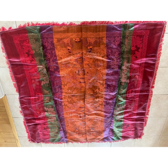 Vintage Asian Tapestry Brocade Piano Shawl Red Chinese 58" Tablecloth Excellent - Picture 11 of 12